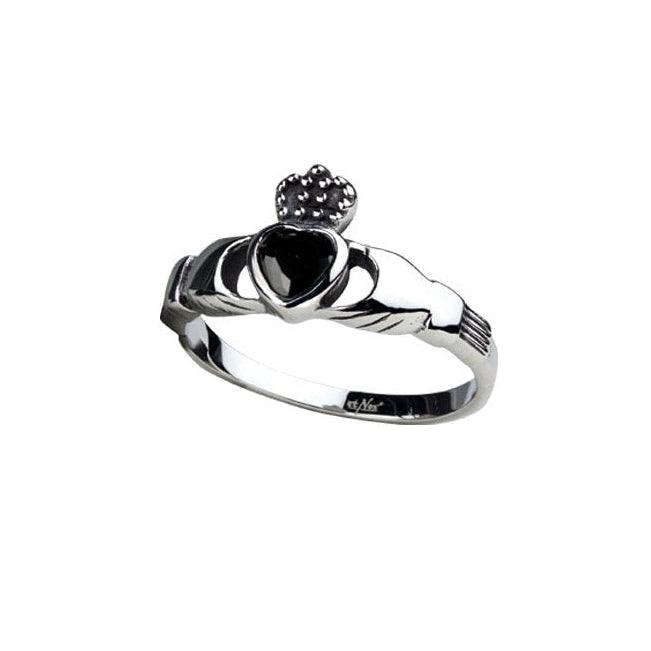 Stainless steel ring with black stone, motif: Irish wedding ring, Claddagh, Width: approx. 1.1 cm, Material: stainless steel with zirconia.