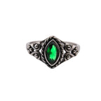 Stainless steel ring with green stone in boat shape (pointed oval), Width: approx. 1.2 mm, Material: stainless steel with zirconia.