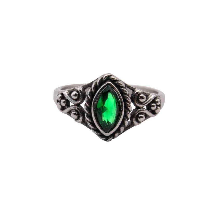 Stainless steel ring with green stone in boat shape (pointed oval), Width: approx. 1.2 mm, Material: stainless steel with zirconia.