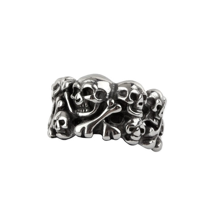 Stainless steel ring with skulls and bones, Height: approx. 1.5 cm, Material: stainless steel.