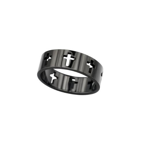 Crosses Black — Cut-Out Cross Gothic Ring in Coated Stainless Steel