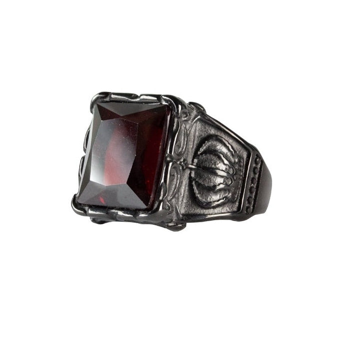 Stainless steel ring with large red, faceted stone and crown on the sides, Width: approx. 1.7 cm, Material: stainless steel with faceted zirconia.