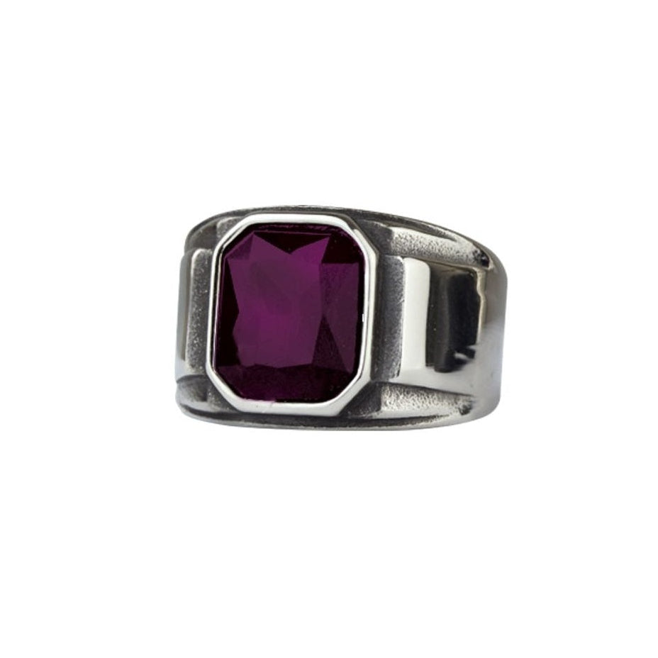 Signet stainless steel ring with a large purple-colored, faceted stone, Width: approx. 1.6 cm, Material: stainless steel with faceted zirconia.