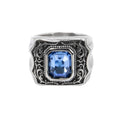 Ornamented stainless steel signet ring with faceted large blue stone, Width: approx. 1.9 cm, Material: stainless steel with faceted zirconia.