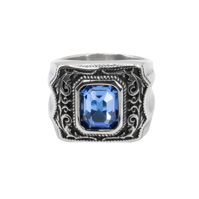 Ornamented stainless steel signet ring with faceted large blue stone, Width: approx. 1.9 cm, Material: stainless steel with faceted zirconia.