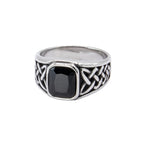 Stainless steel signet ring with Celtic design and faceted black stone, Width: approx. 1.3 cm, Material: stainless steel with faceted zirconia.