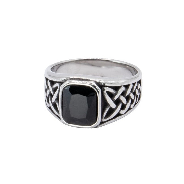 Stainless steel signet ring with Celtic design and faceted black stone, Width: approx. 1.3 cm, Material: stainless steel with faceted zirconia.