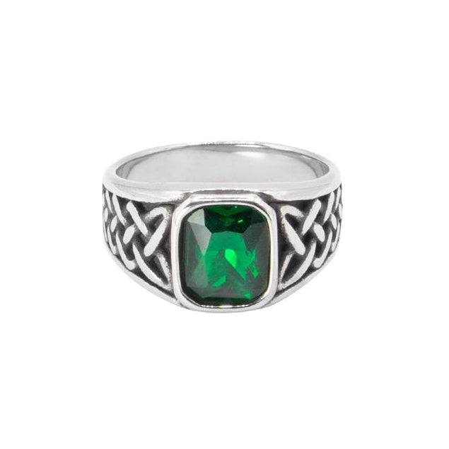Stainless steel signet ring with Celtic design and faceted green stone, Width: approx. 1.3 cm, Material: stainless steel with faceted zirconia.