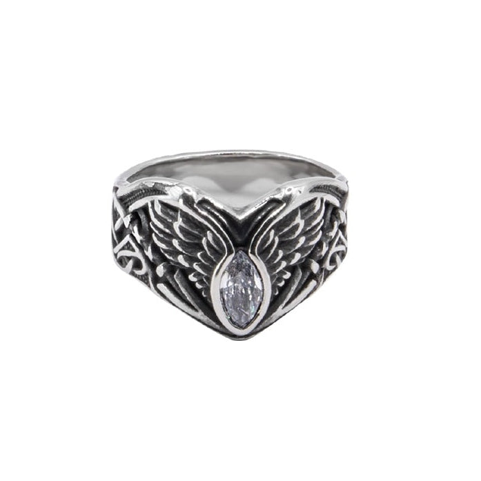 Stainless steel ring with wing design and white, faceted stone, Width: approx. 1.5 cm, Material: stainless steel with faceted zirconia.