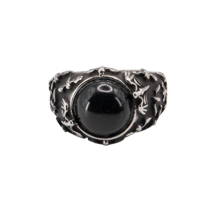 Stainless steel ring with bats and black stone, Width: approx. 1.7 cm, Material: stainless steel with zirconia.