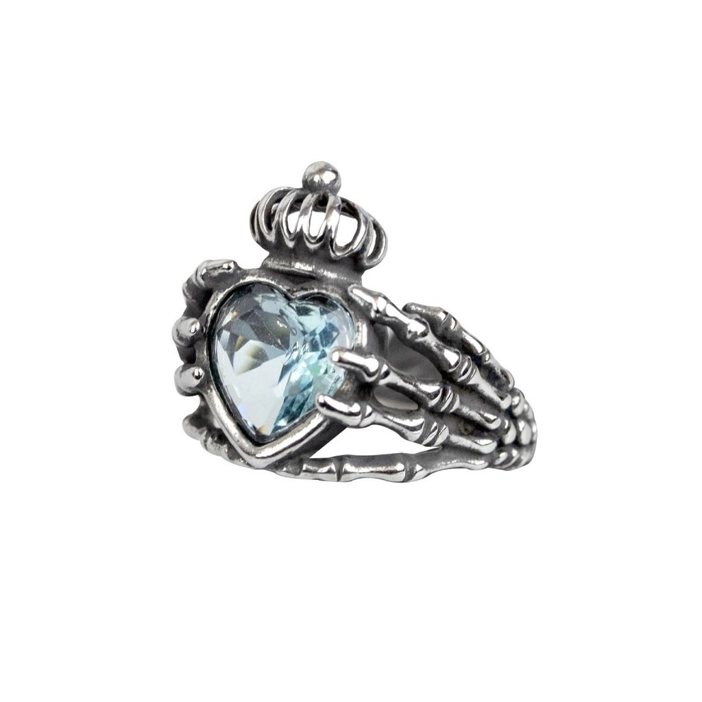 Irish wedding ring with skeleton hands and ice blue stone, Width: approx. 1.9 cm, Material: stainless steel with zirconia.