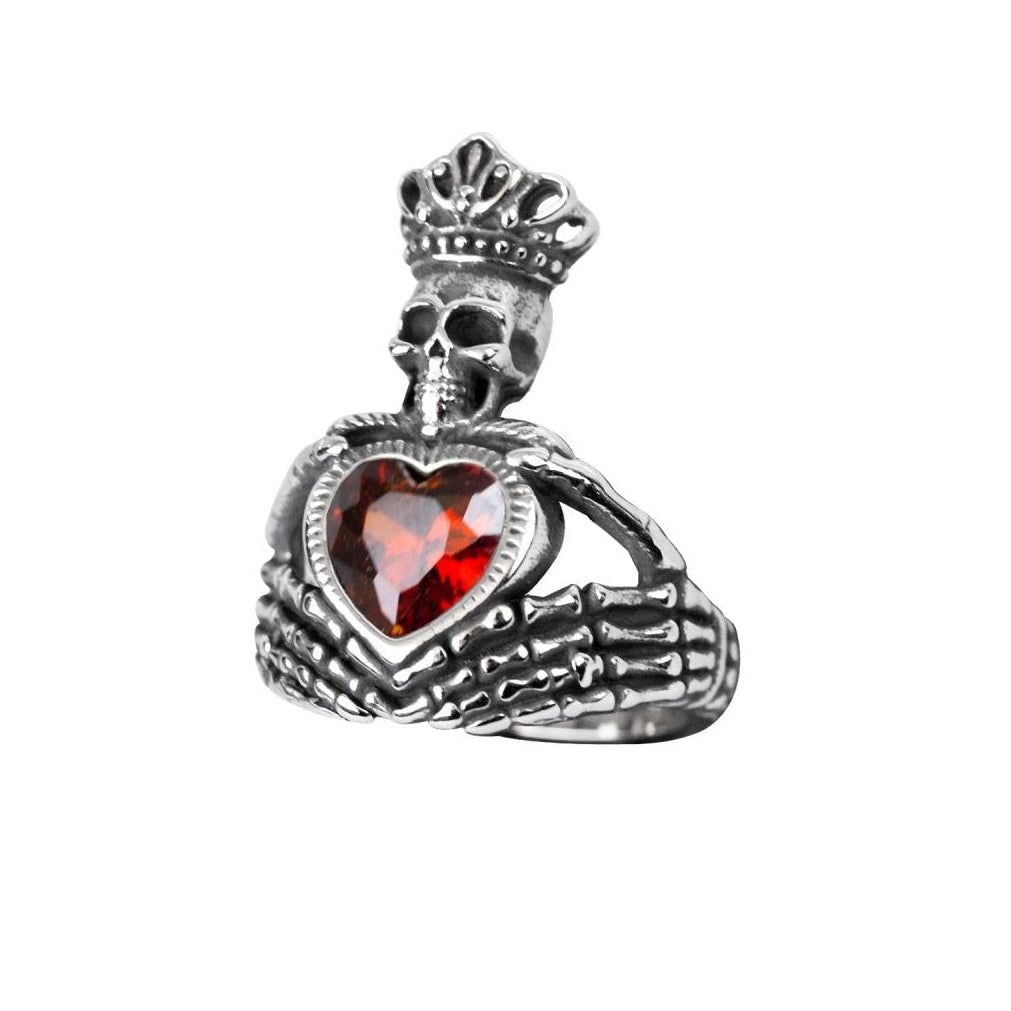 Irish wedding ring with skeleton hands, skull and dark red stone, Width: approx. 2.5 cm, Material: stainless steel with zirconia.