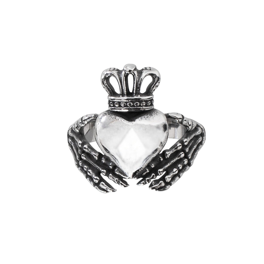 This traditional Irish wedding ring features a distinctive design of skeleton hands, symbolizing eternal love and loyalty. With a height of approximately 2.0 cm, it is a visually striking and meaningful addition to any alternative jewelry collection.
