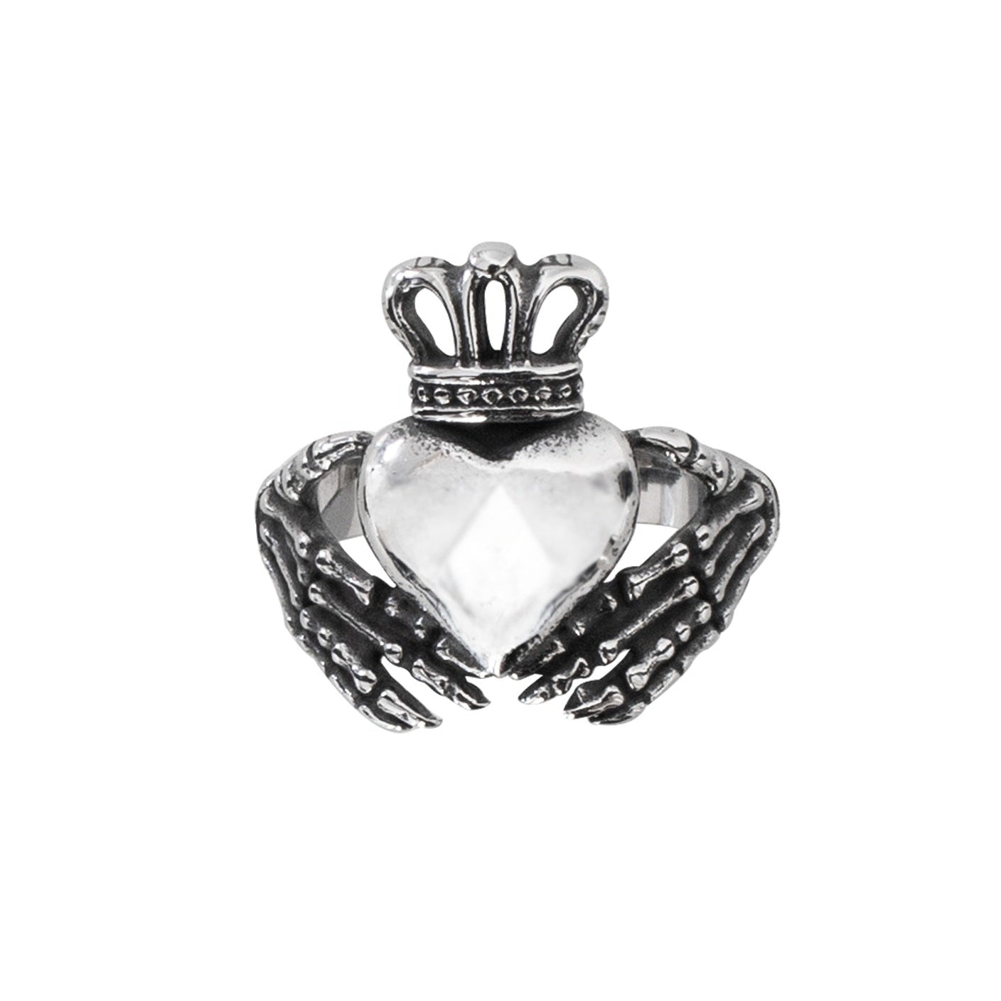 This traditional Irish wedding ring features a distinctive design of skeleton hands, symbolizing eternal love and loyalty. With a height of approximately 2.0 cm, it is a visually striking and meaningful addition to any alternative jewelry collection.