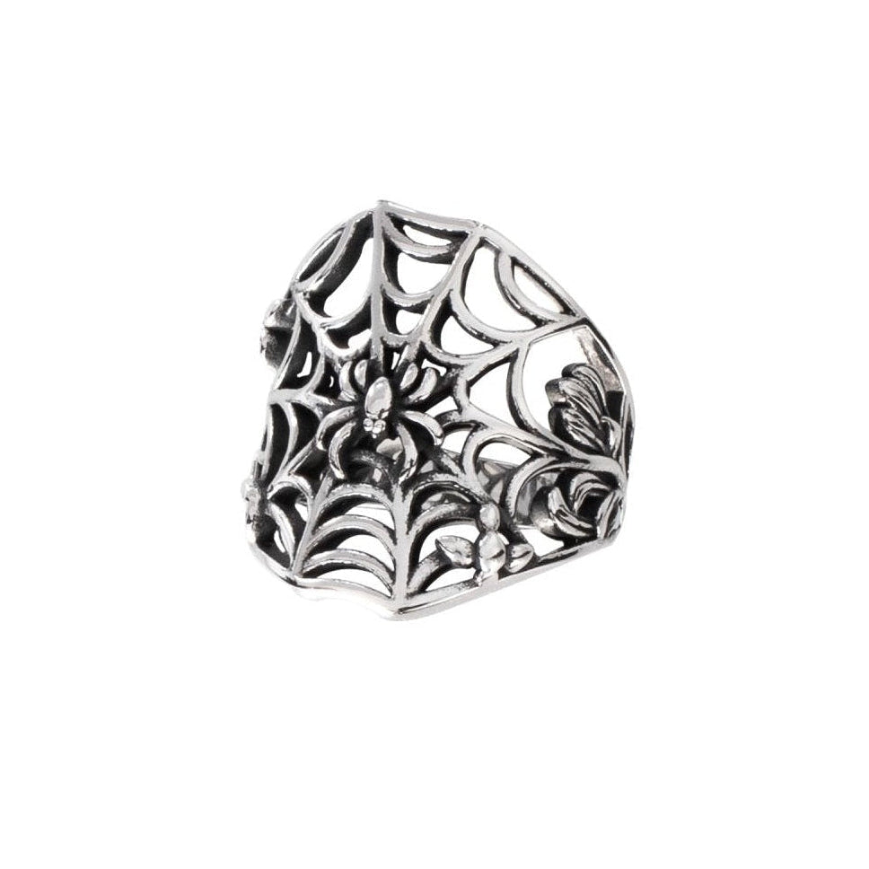 RING SPIDER WEB, a unique and elegant piece of jewelry. Its ring-like airy mesh design with a small spider in the middle adds a touch of sophistication. Crafted with stainless steel, it boasts a width of approximately 2.5 cm.