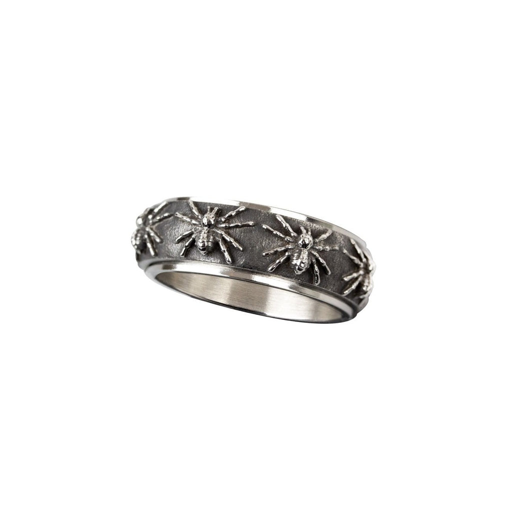 Stainless steel play ring with spiders all around, Width: approx. 0.8 cm, Material: stainless steel.