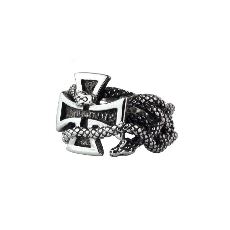 Ring Iron Cross with Snake Height: approx. 1.6 cm, Material: stainless steel.