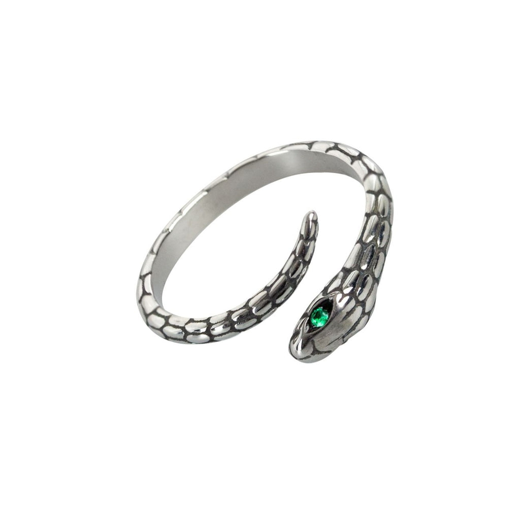 This stainless steel snake ring features stunning green zirconia eyes, perfect for adding a touch of rock style to any outfit. Made from durable materials, this ring is a striking addition to any accessory collection.