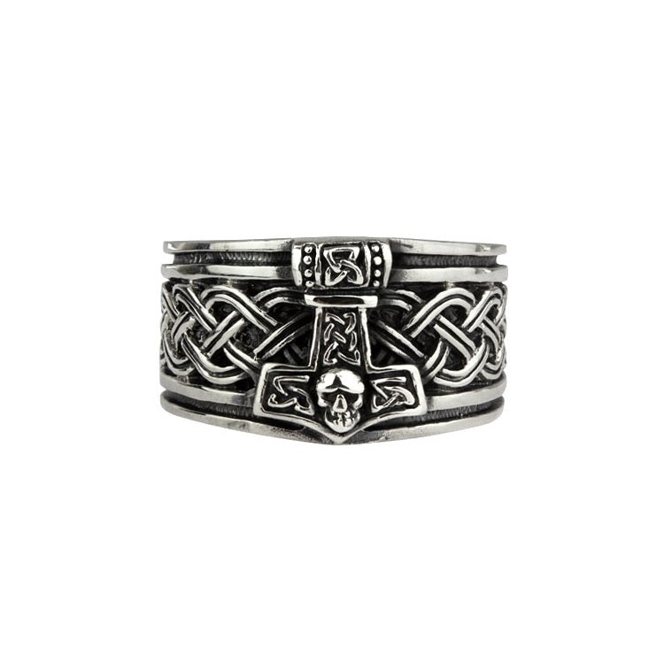 Stainless steel ring with Thor's hammer, skull and Celtic design, Height: approx. 1.3 cm, Material: stainless steel.