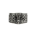 Stainless steel ring with Thor's hammer, skull and Celtic design, Height: approx. 1.3 cm, Material: stainless steel.