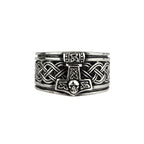 Stainless steel ring with Thor's hammer, skull and Celtic design, Height: approx. 1.3 cm, Material: stainless steel.