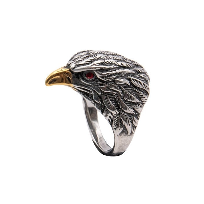 Ring, stainless steel, eagle head with golden beak, Size eagle: approx. 3.0 x 2.3 cm, Material: Stainless steel with zirconia, partially coated.