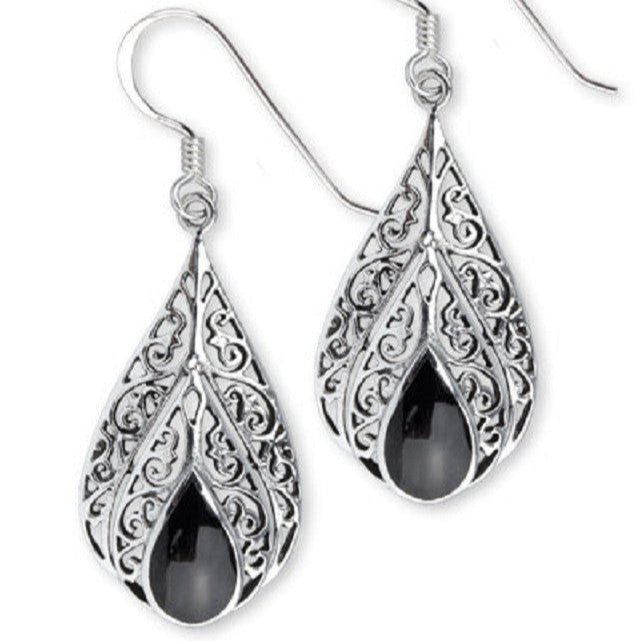 STERLING SILVER EARRINGS ONYX ORNAMENT