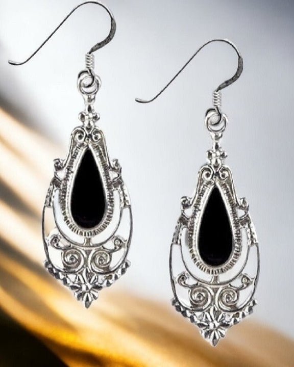 STERLING SILVER EARRINGS ONYX ORNAMENT