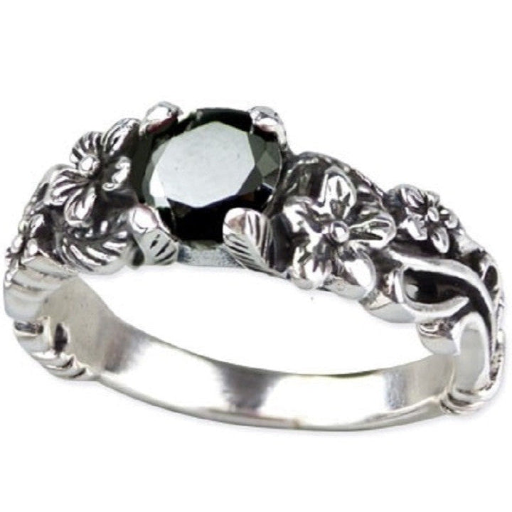 STERLING SILVER RING BLACK FLOWER
