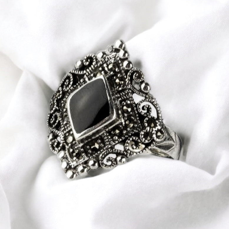 STERLING SILVER RING BLACK MARCACITE