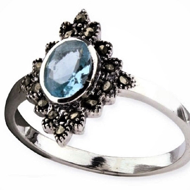 STERLING SILVER RING BLUE MARCASITE