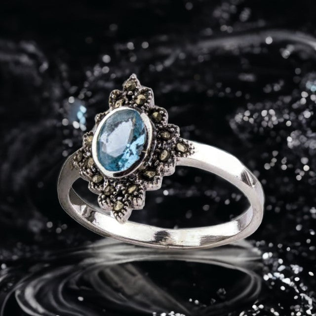 STERLING SILVER RING BLUE MARCASITE