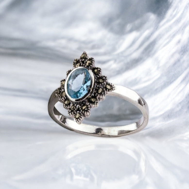 STERLING SILVER RING BLUE MARCASITE