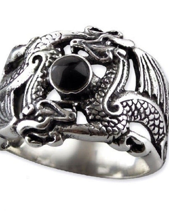 STERLING SILVER RING DOUBLE DRAGON