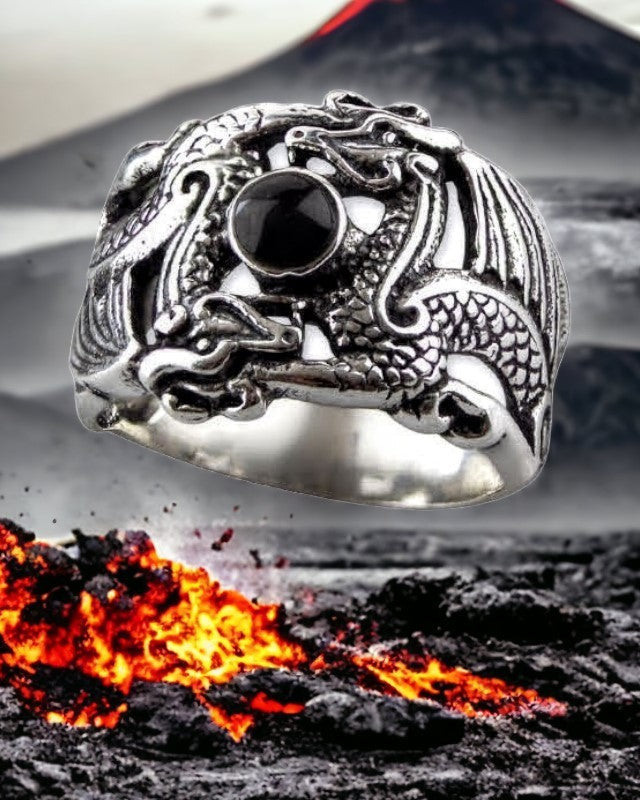 STERLING SILVER RING DOUBLE DRAGON