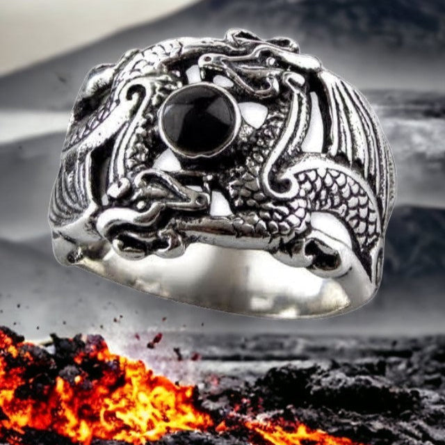 STERLING SILVER RING DOUBLE DRAGON