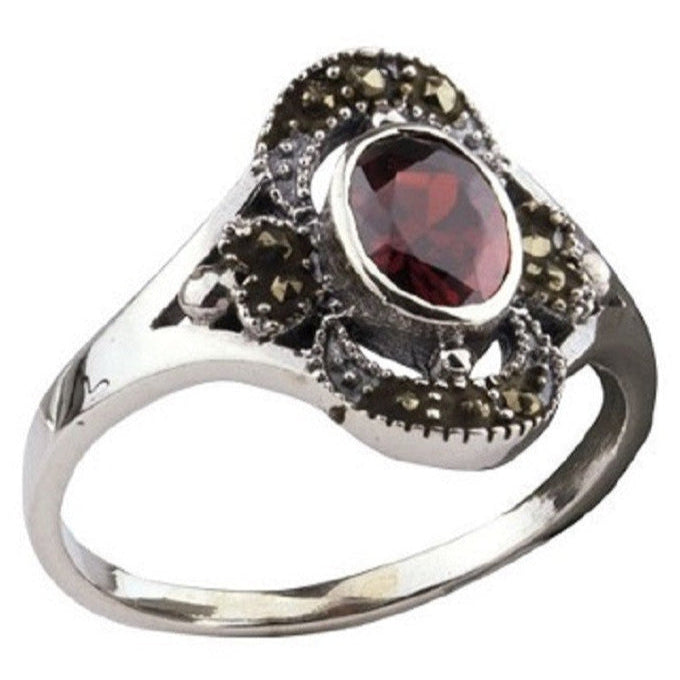STERLING SILVER RING RED MARCASITE