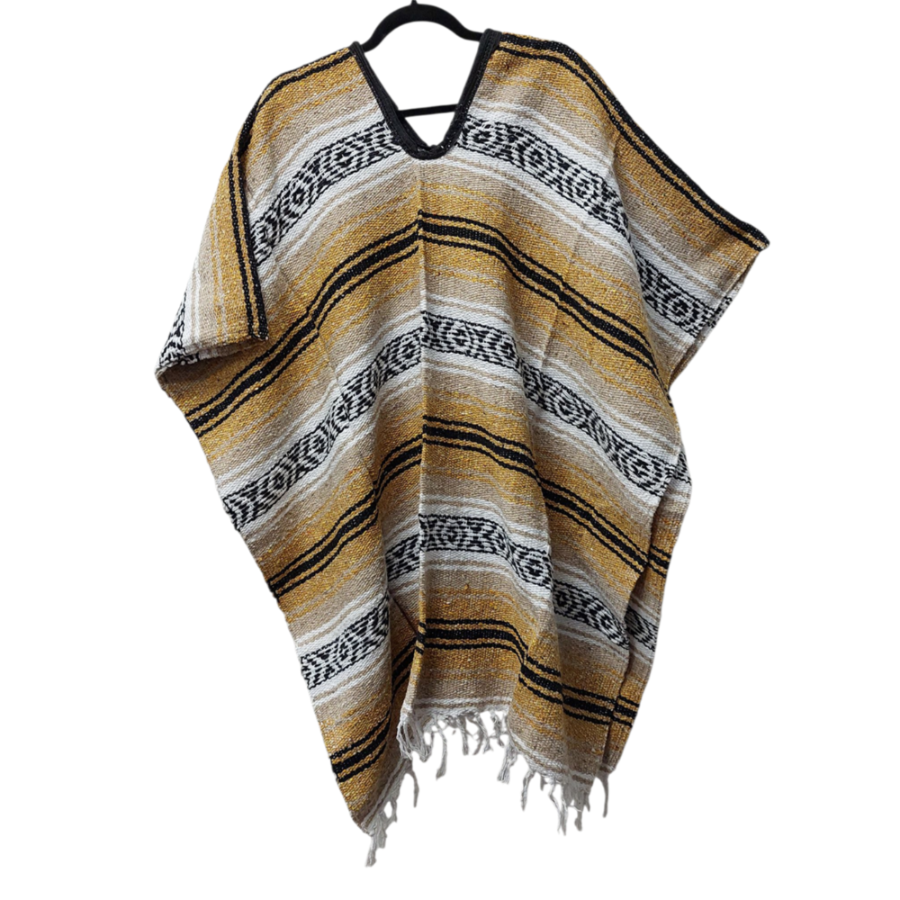 Traditional Mexican Falsa Poncho - Striped blanket with Fringe