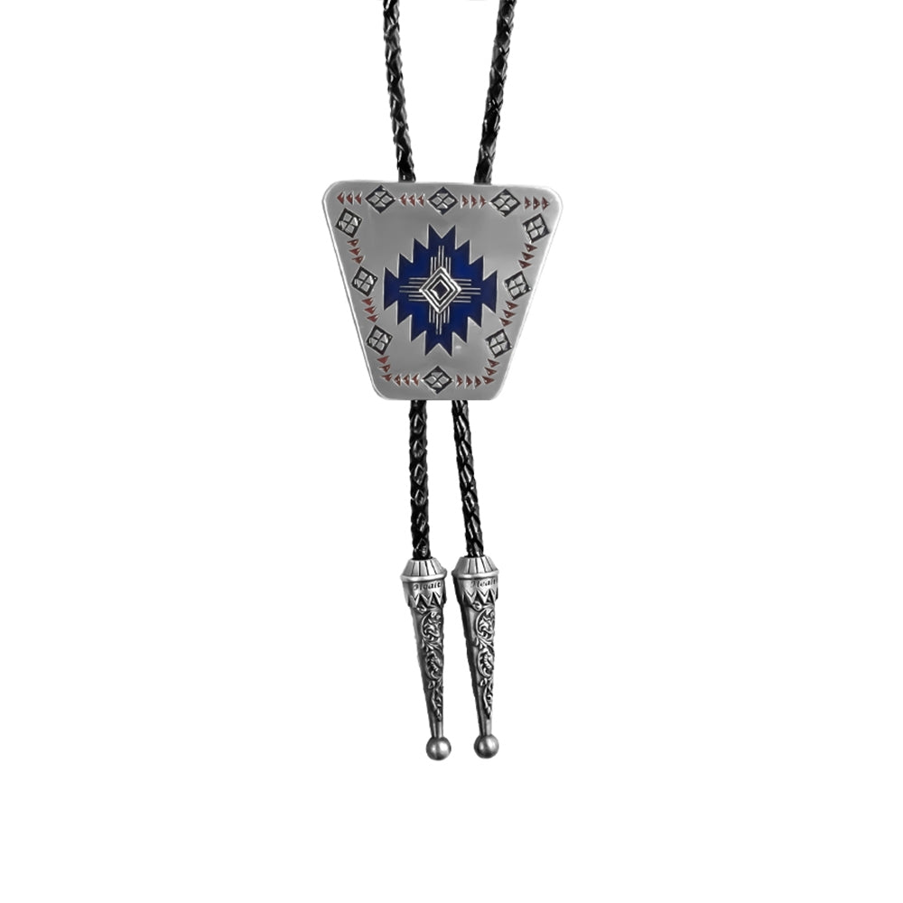 Trapezoid Aztec Bolo Tie - Western Cowboy Necklace with Braided Leather