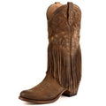 Brown cowboy boot with fringe on a white background