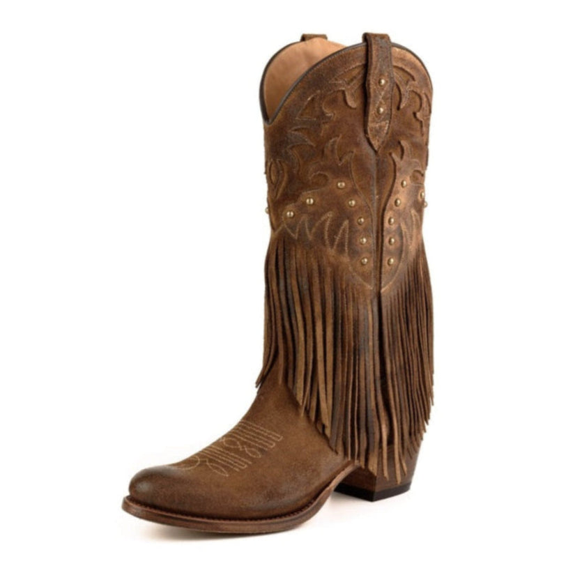 Brown cowboy boot with fringe on a white background