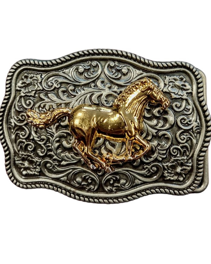 Western Belt Buckle with Golden Horse - Zinc Alloy 9x6cm Buckle