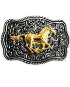 Western Belt Buckle with Golden Horse - Zinc Alloy 9x6cm Buckle