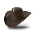 Premium Brown Nubuck Leather Western Hat - Bandera. Experience authentic western heritage with the Bandera leather cowboy hat. Crafted from supple nubuck leather with a braided leather hatband, this hat combines traditional craftsmanship with modern comfort. Unlike wool felt hats, this 100% genuine leather construction develops a distinctive patina over time, making each hat uniquely yours.