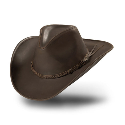 Premium Brown Nubuck Leather Western Hat - Bandera. Experience authentic western heritage with the Bandera leather cowboy hat. Crafted from supple nubuck leather with a braided leather hatband, this hat combines traditional craftsmanship with modern comfort. Unlike wool felt hats, this 100% genuine leather construction develops a distinctive patina over time, making each hat uniquely yours.
