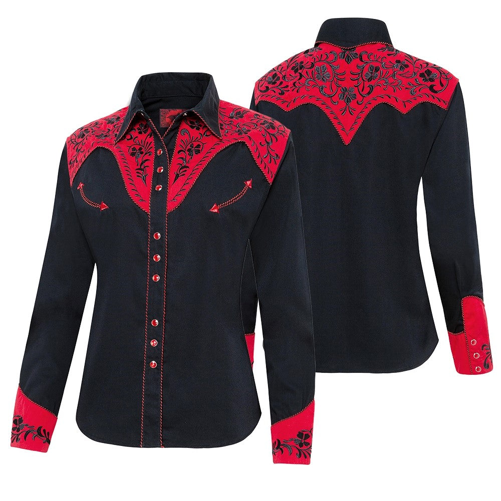 Women's Black Western Blouse Dolly - Red Yoke Embroidered Cowgirl Shirt