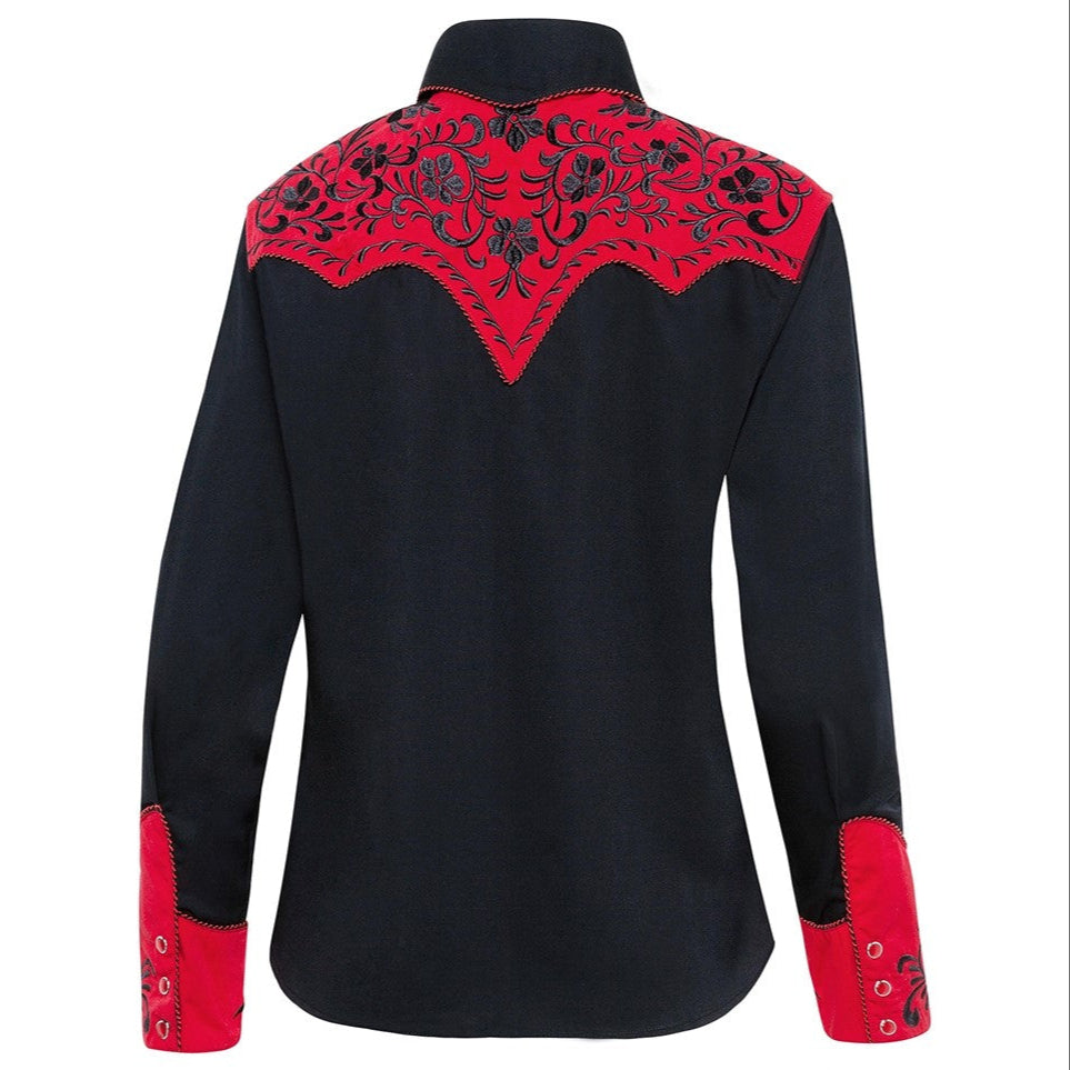 Women's Black Western Blouse Dolly - Red Yoke Embroidered Cowgirl Shirt