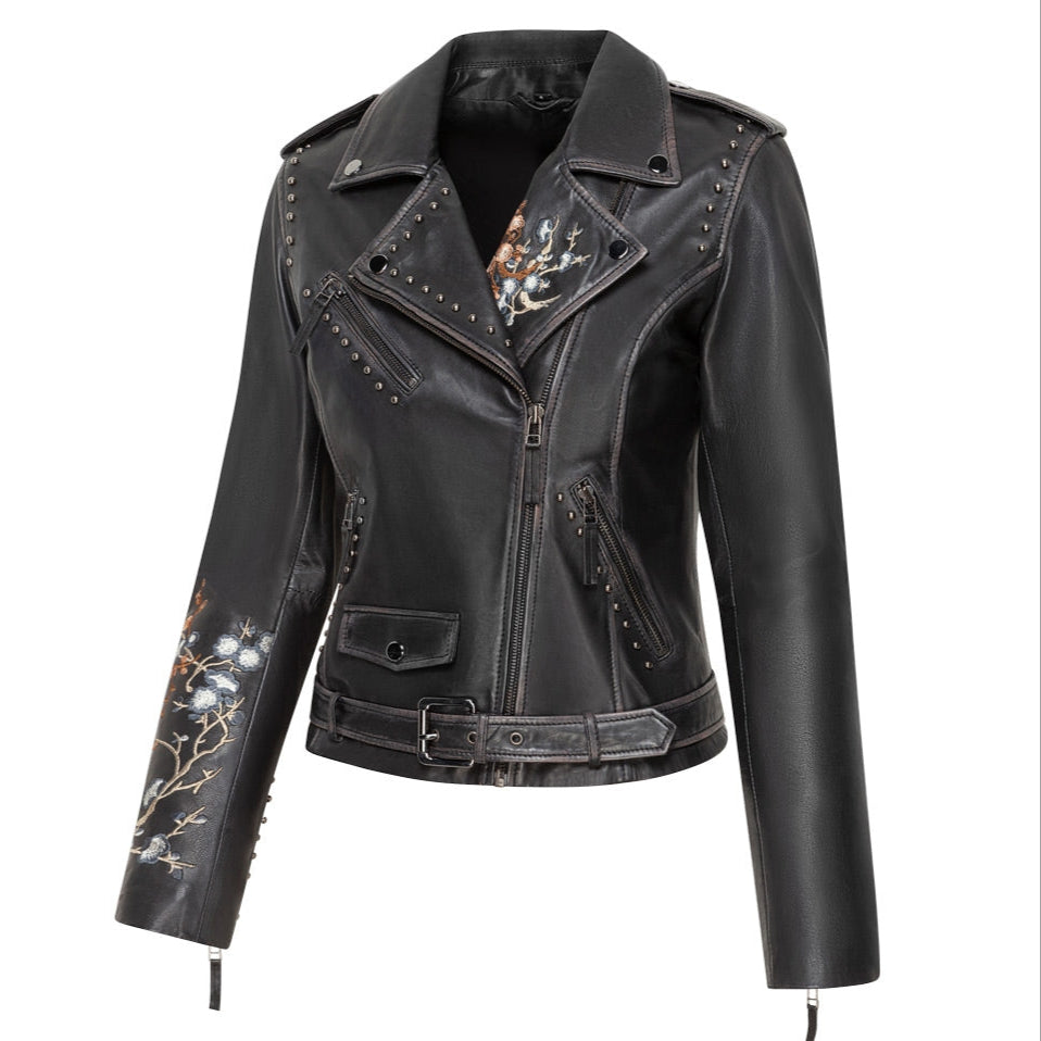 Women's Embroidered Leather Jacket - Mabel Short Nappa Biker Jacket with Rivets