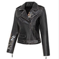 Women's Embroidered Leather Jacket - Mabel Short Nappa Biker Jacket with Rivets