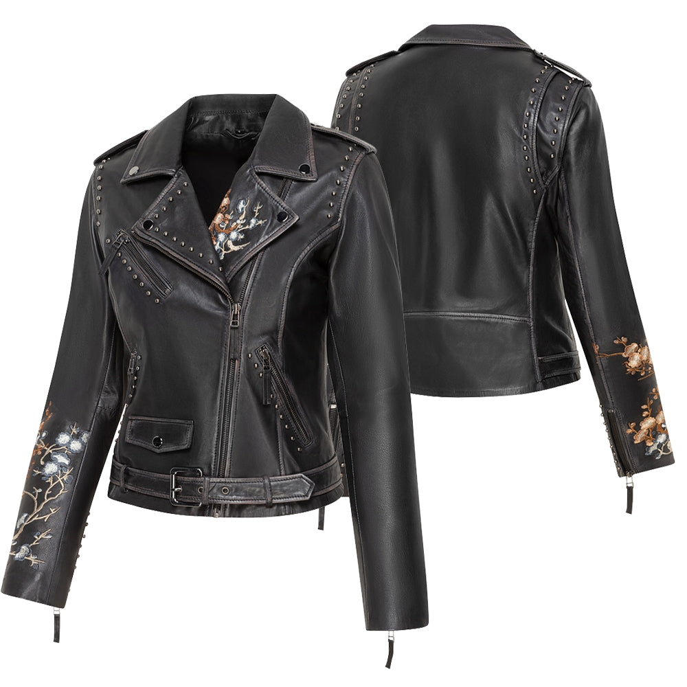 Women's Embroidered Leather Jacket - Mabel Short Nappa Biker Jacket with Rivets